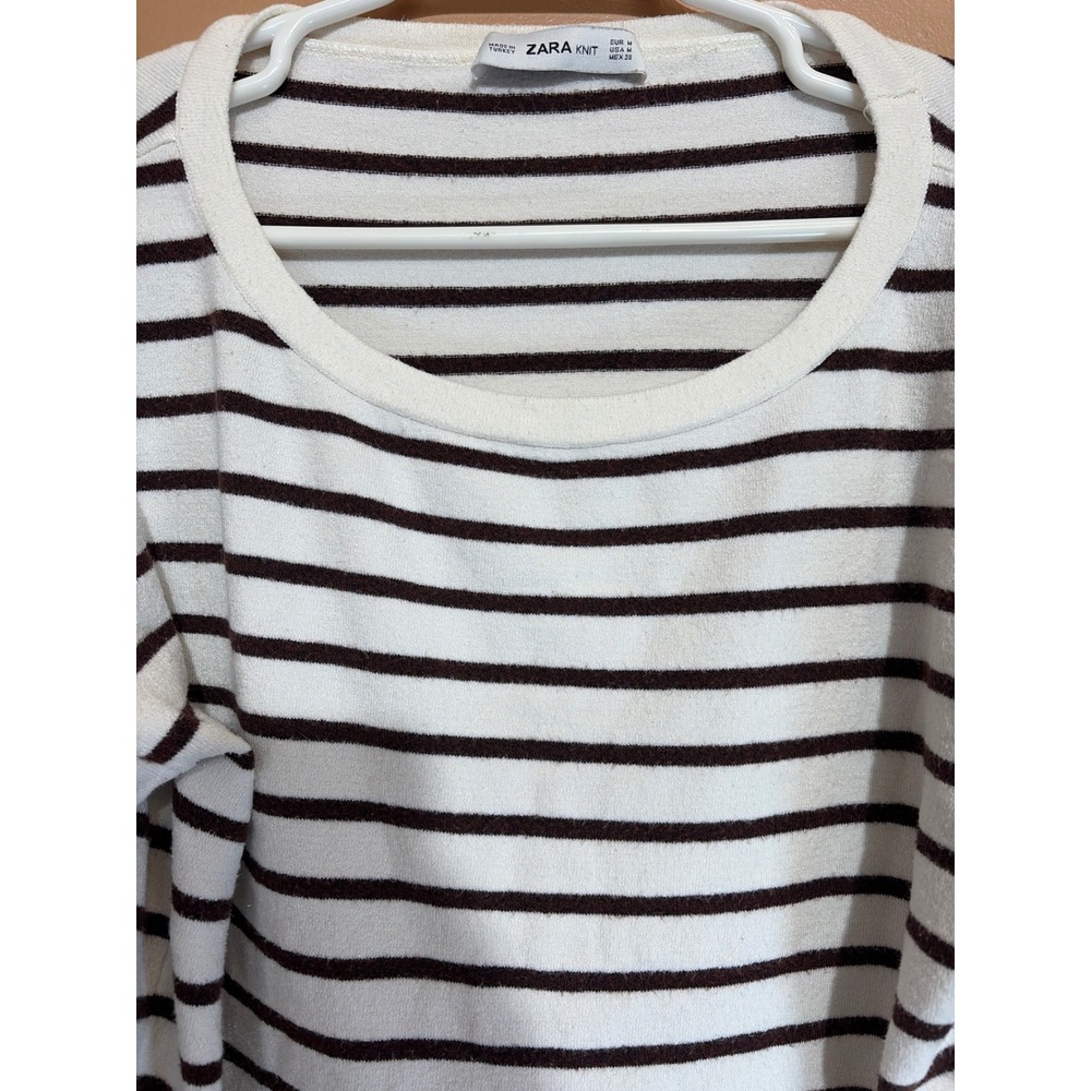 Zara Knit Striped Ruffle Shoulder Bell Sleeve Sweater Cream Brown Womens Medium - Picture 2 of 4